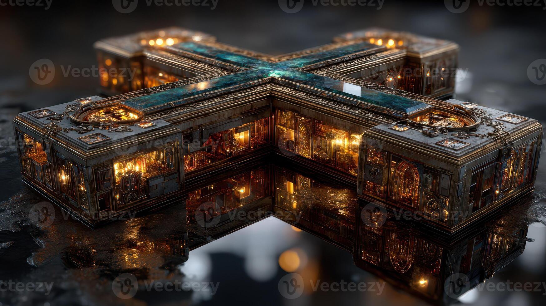 Intricate futuristic architecture displayed with vibrant lights and reflective surfaces in a fantasy setting photo