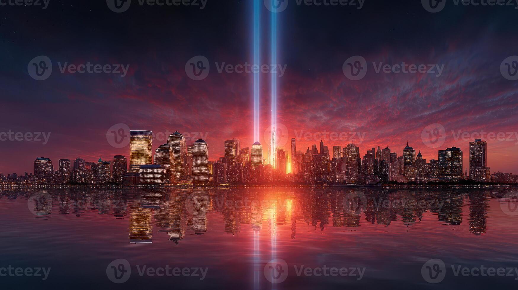 Skyline of New York City illuminated by tribute lights at sunset, showcasing remembrance and unity following a significant event photo