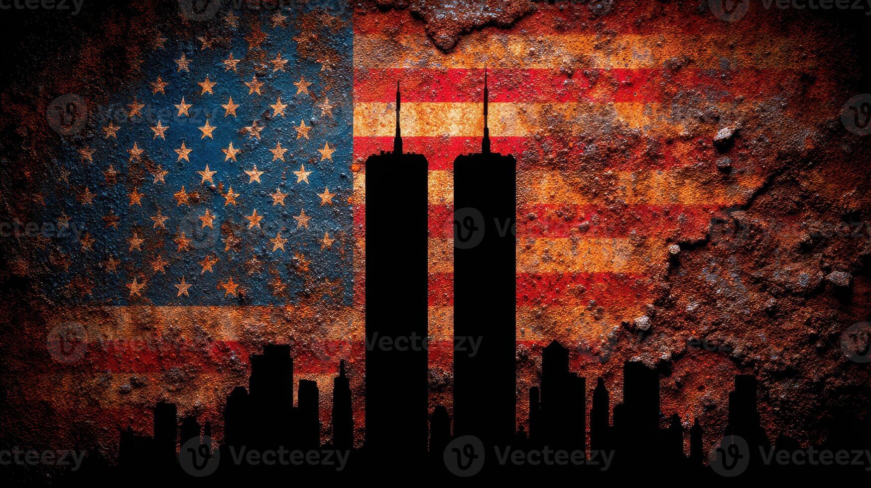 Silhouette of twin towers against a rusty American flag background at night photo