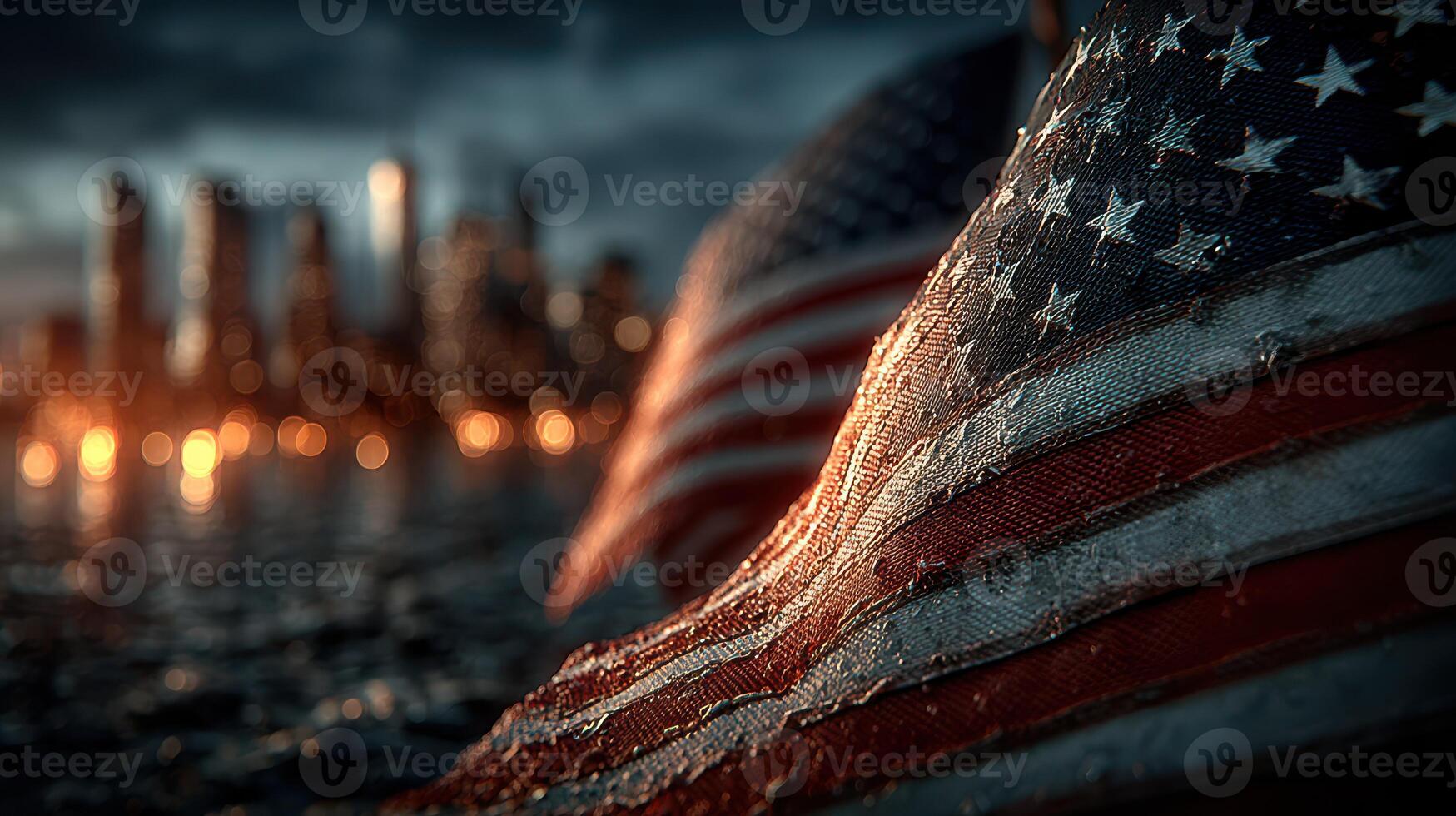 City skyline illuminated at dusk with textured American flags in the foreground photo