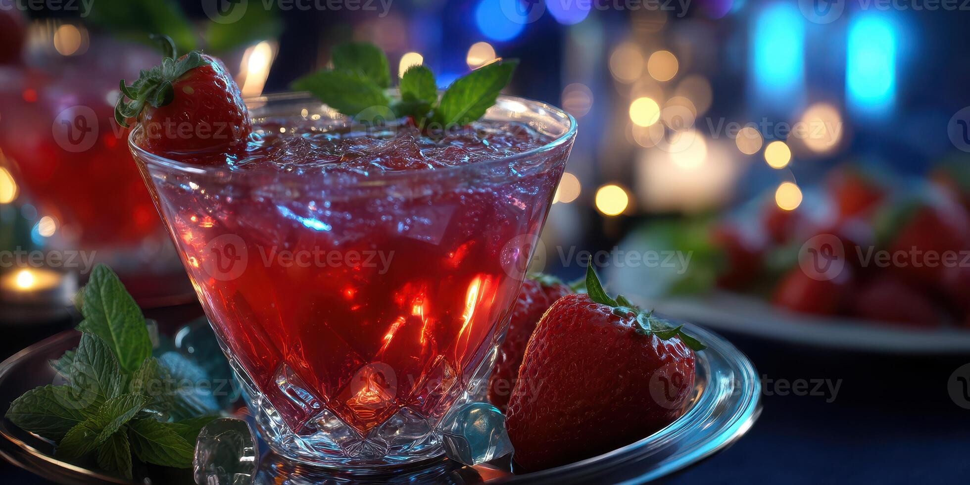 Refreshing strawberry cocktail with mint served in a crystal glass at a vibrant evening gathering photo