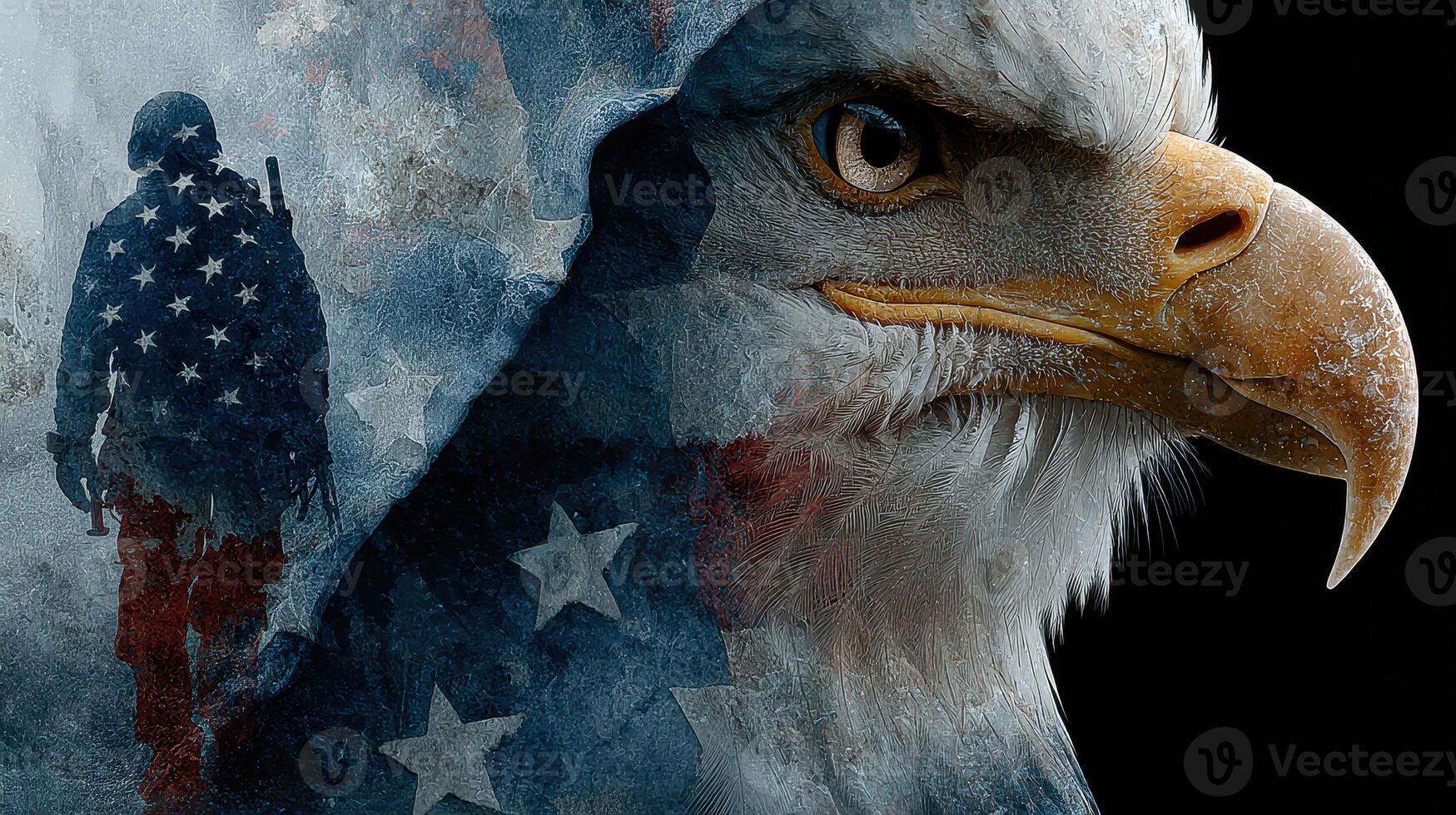 Military tribute featuring an eagle against a backdrop of the American flag with a soldier silhouette at dusk photo