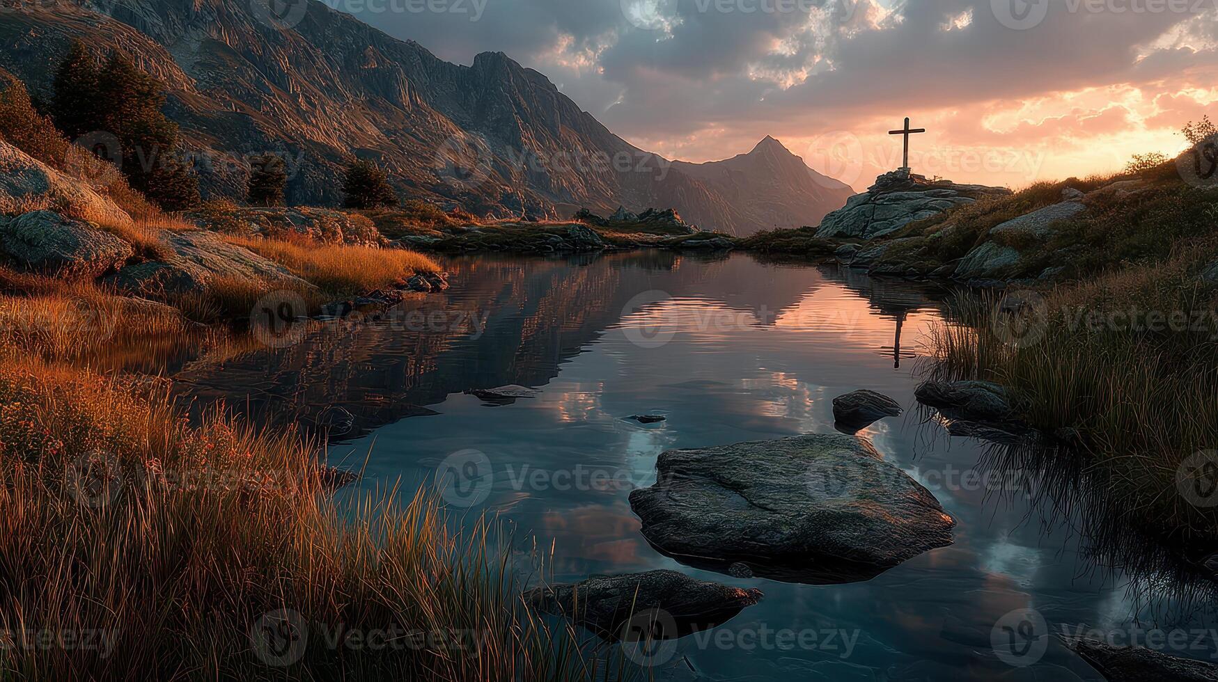 Majestic sunset over serene lake with cross in the foreground amidst towering mountains and lush grass photo