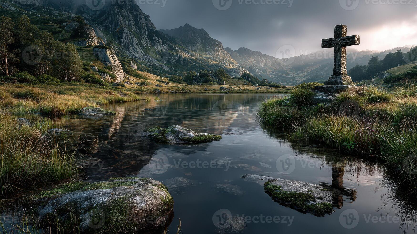 Misty landscape with a stone cross by a tranquil lake at twilight in the mountains photo