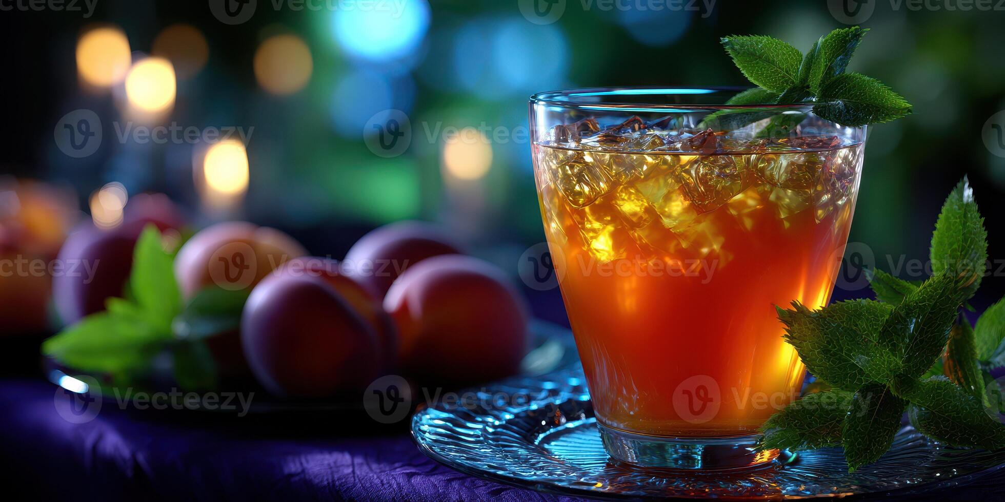 Refreshing iced tea served with fresh fruit in a cozy evening setting with soft ambient lights photo