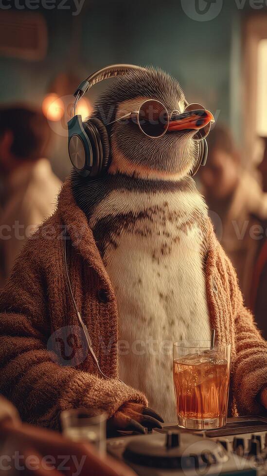 Penguin in headphones enjoys a drink while mixing music at a cozy bar during evening hours photo