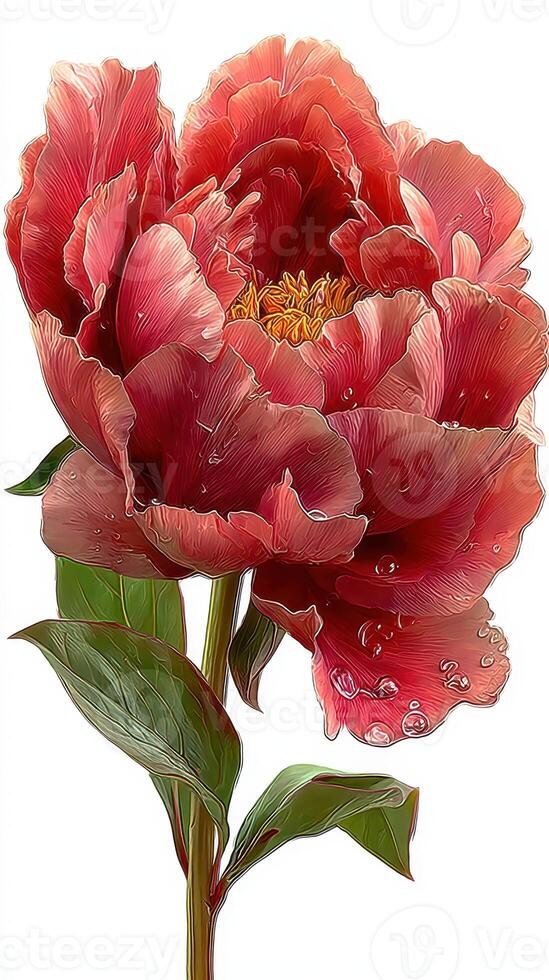 Vibrant red peony with dew drops displayed on a stem against a white background photo