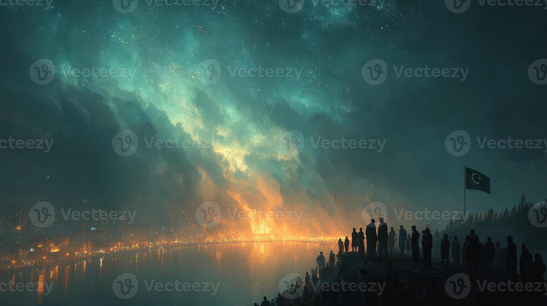 Crowd gathers near water to witness vibrant fireworks display against night sky in urban setting photo