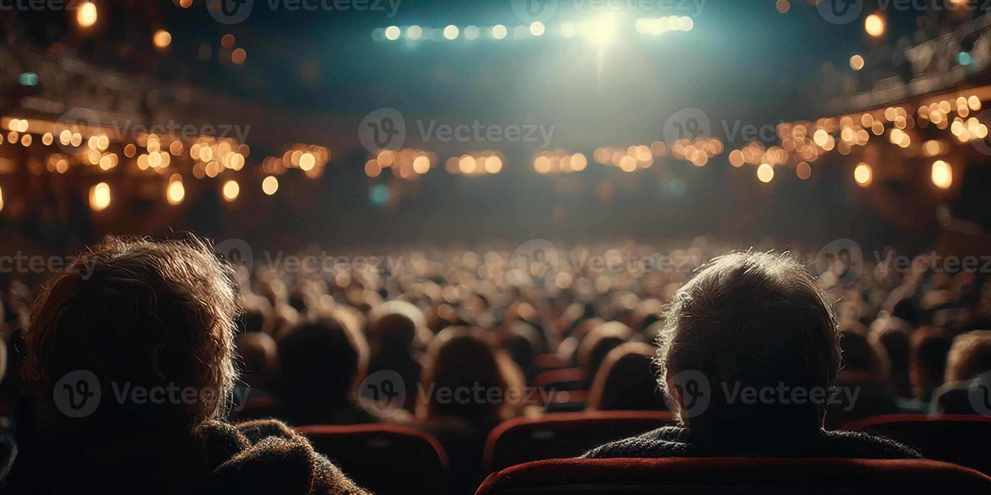 Audience enjoys a performance in a large theater decorated with warm lighting during an evening show photo