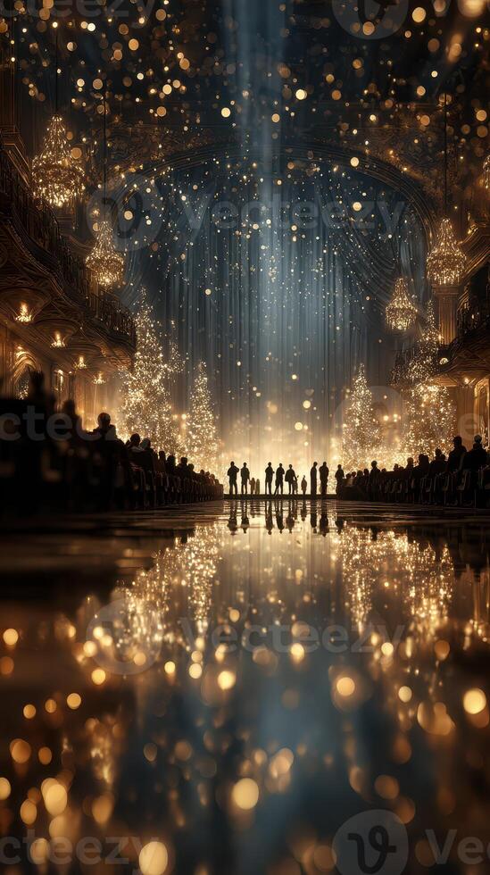 Elegant gala celebration in a grand hall with shimmering lights and festive atmosphere during the evening photo