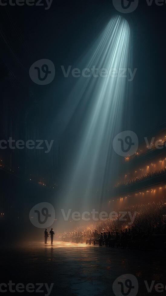 Illuminated stage in a historic theater with audience captivated by performance during a dramatic lighting moment photo