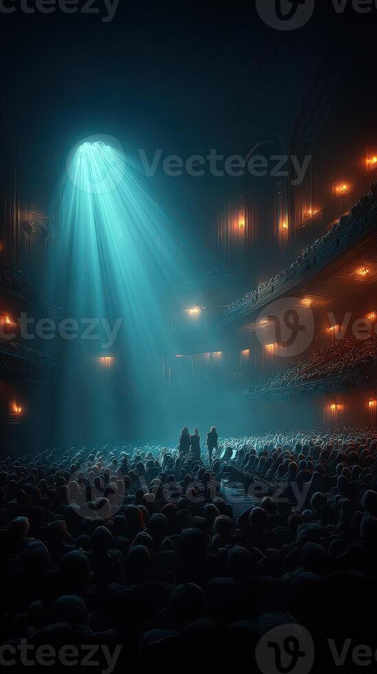 Audience captivated in a grand theater illuminated by a single spotlight during an enchanting performance photo