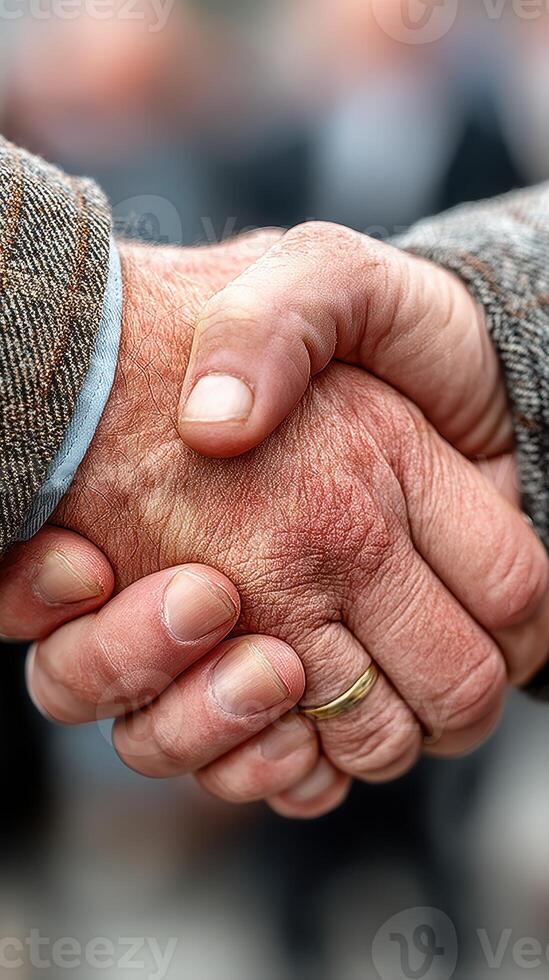 Two hands meet in a firm handshake during a formal greeting outside in a busy urban setting photo