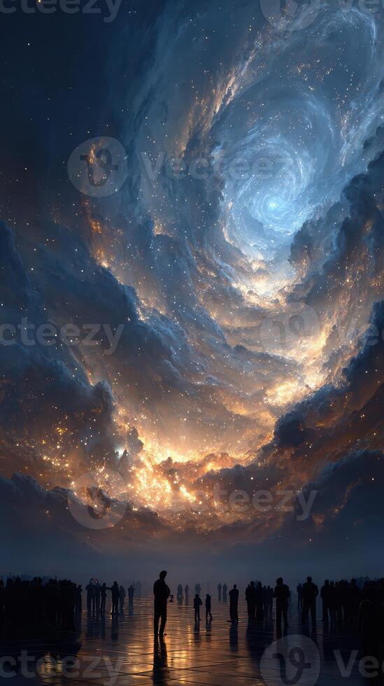 Spectacular cosmic gathering under a swirling galaxy at twilight with silhouettes of onlookers observing the sky photo