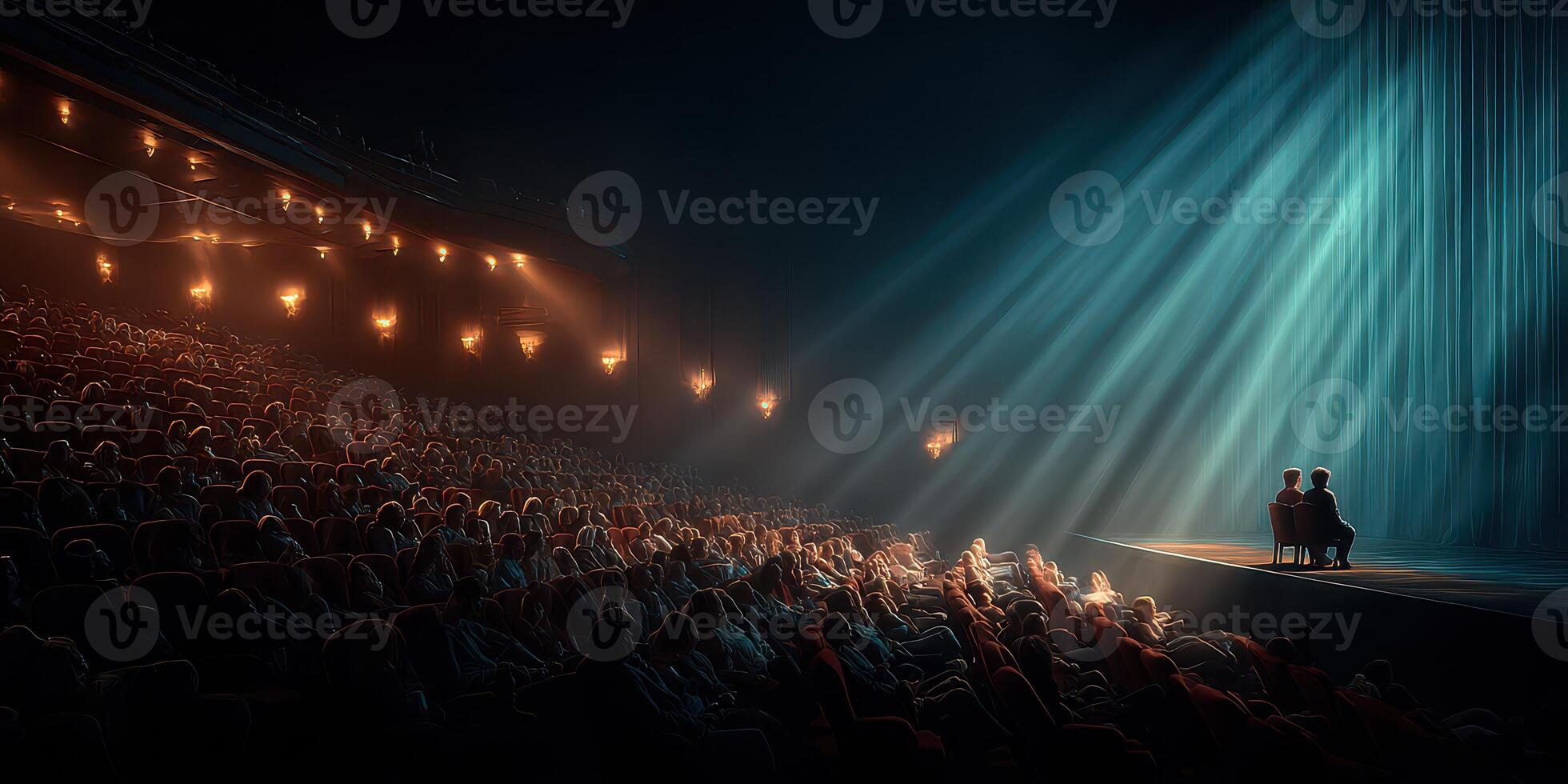 Two figures sit on stage while a captivated audience experiences a theatrical performance in an atmospheric theater photo