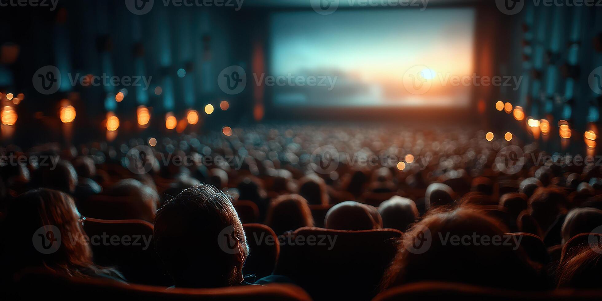 Crowded cinema during a movie screening at sunset with soft lighting and a focused audience photo