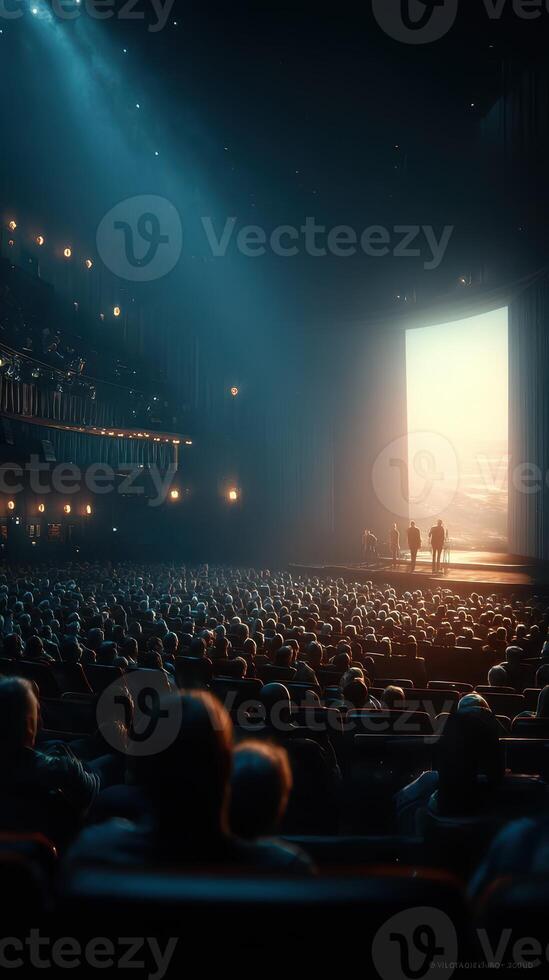 Audience captivated by dramatic performance in grand theater during evening show photo