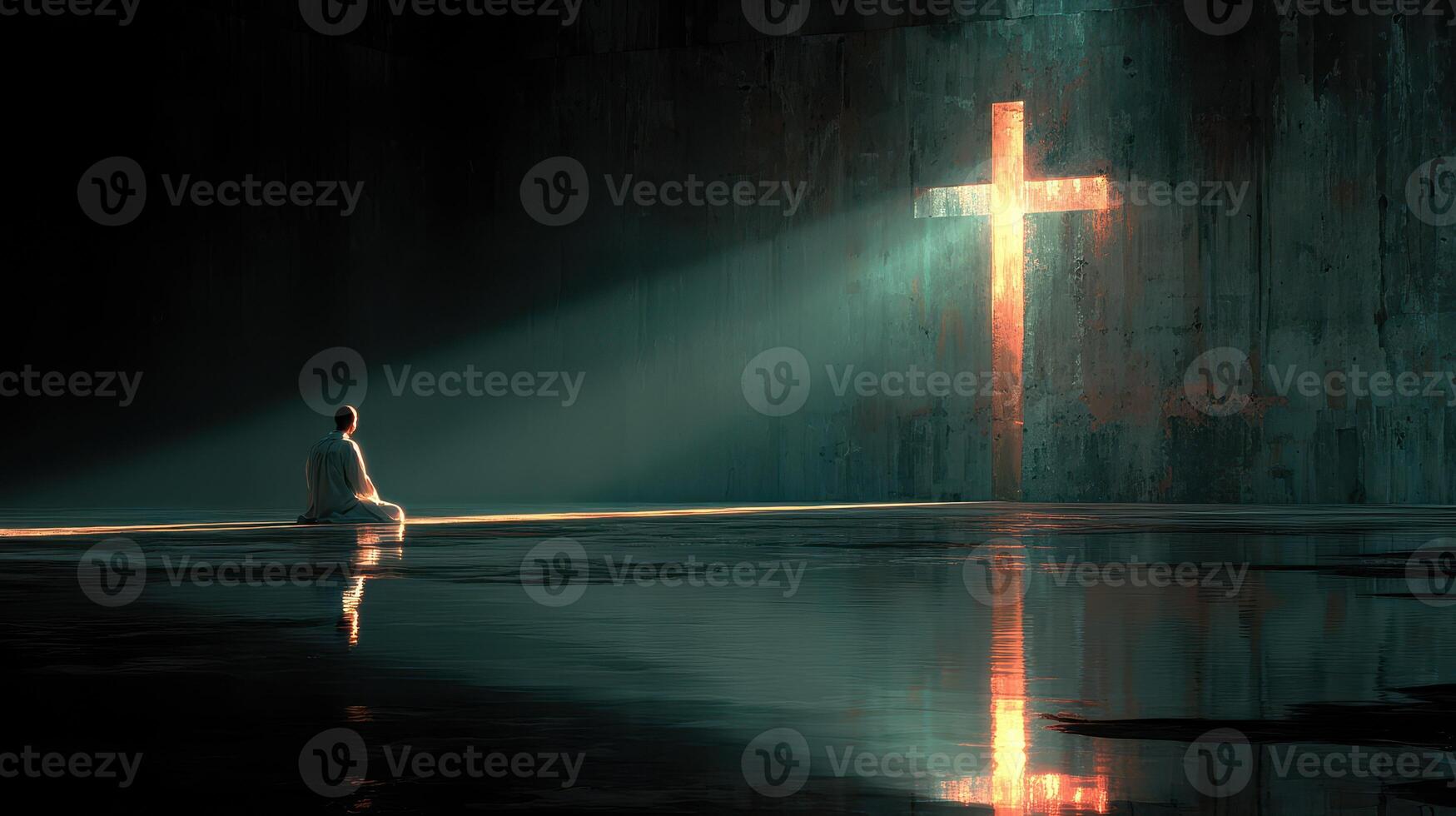 Person meditating in a dark space with a glowing cross illuminating the surroundings photo