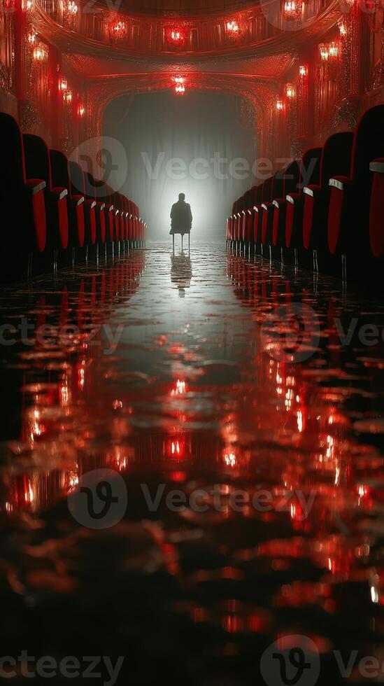 Mysterious figure sitting alone in a dimly lit theater with red decor and reflective surface photo