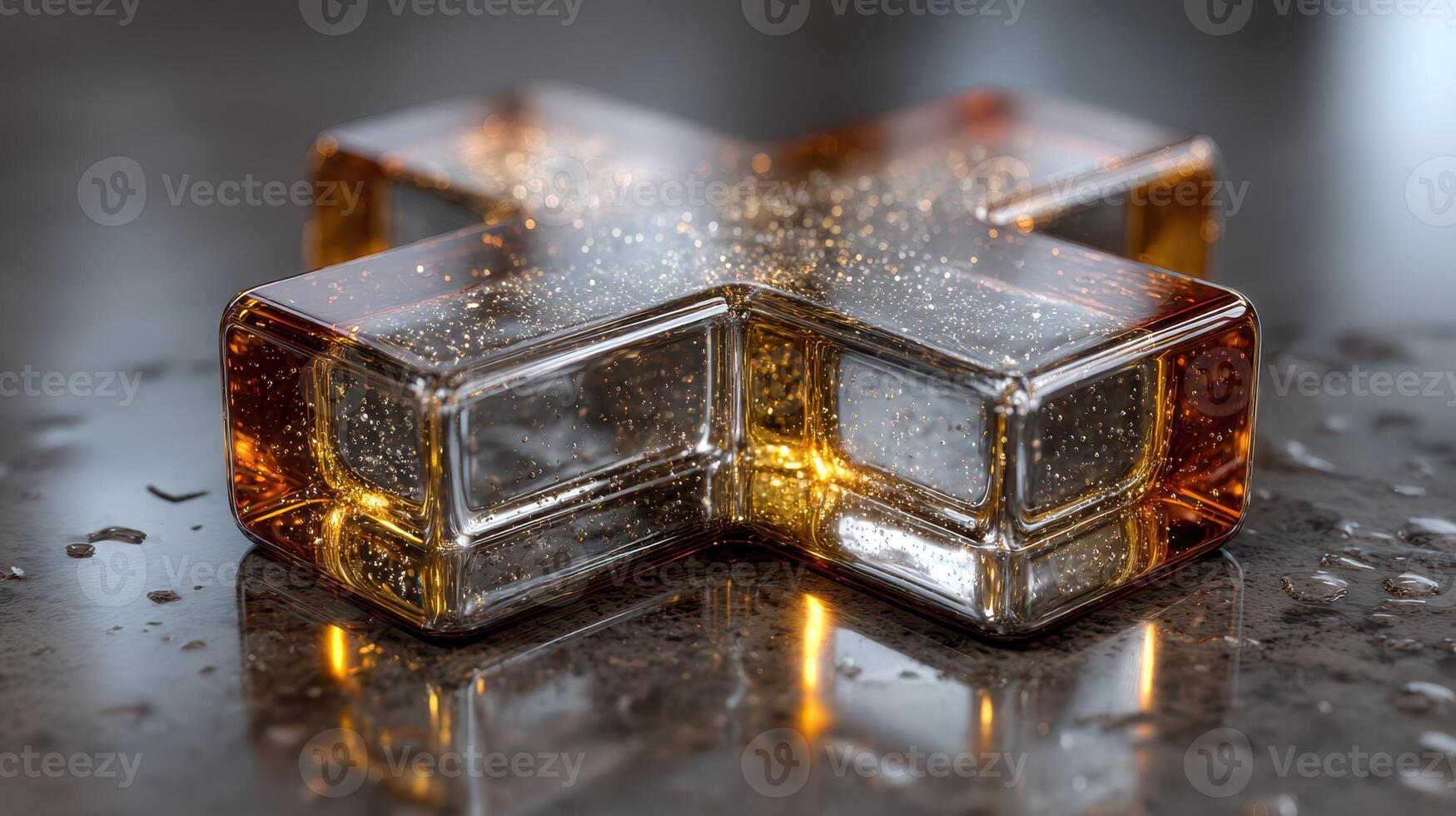 Intricate glass sculpture resting on a dark marble surface with shimmering reflections in natural light photo