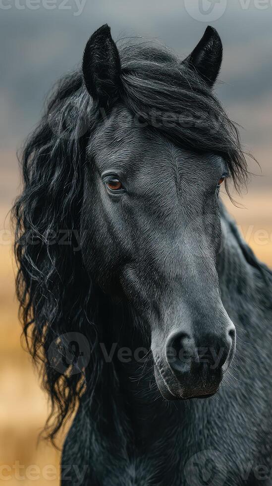 Majestic black horse with flowing mane stands proudly in a serene landscape during early morning hours photo