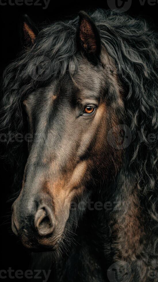 Majestic black horse with curly mane gazes into the distance in a dark setting captivating the viewer's attention photo