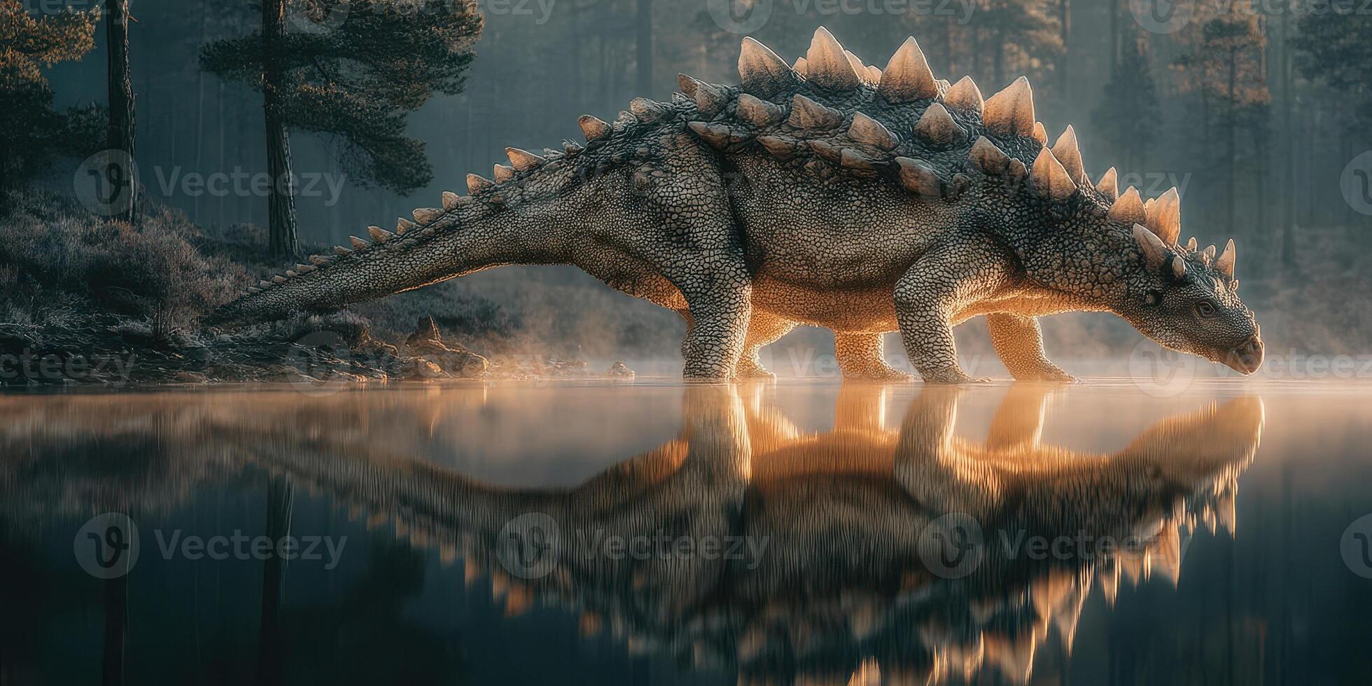 Stegosaurus walking near a tranquil lake during early morning light in a misty forest environment photo