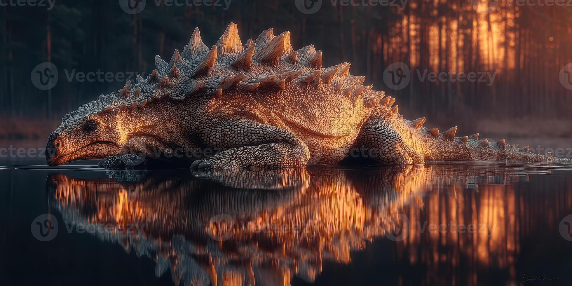 A prehistoric creature rests by a tranquil lake under a setting sun in a serene forest landscape during twilight hours photo