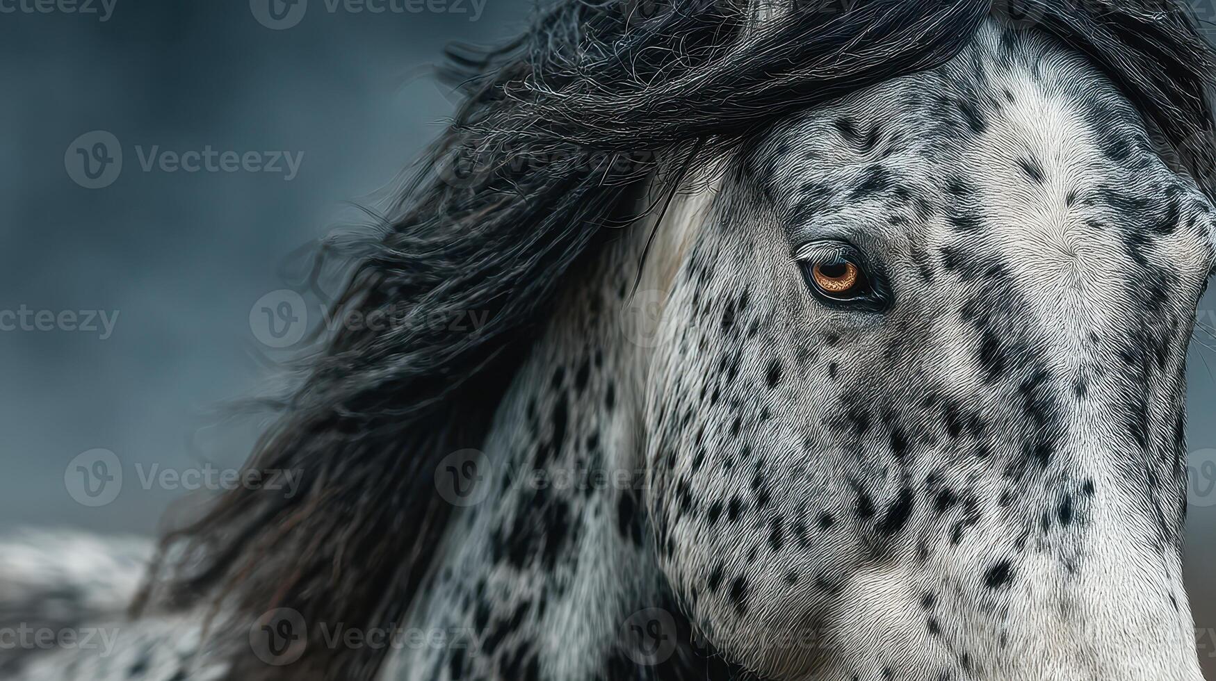Stunning close-up of a speckled horse showcasing its striking features in a moody environment during twilight photo