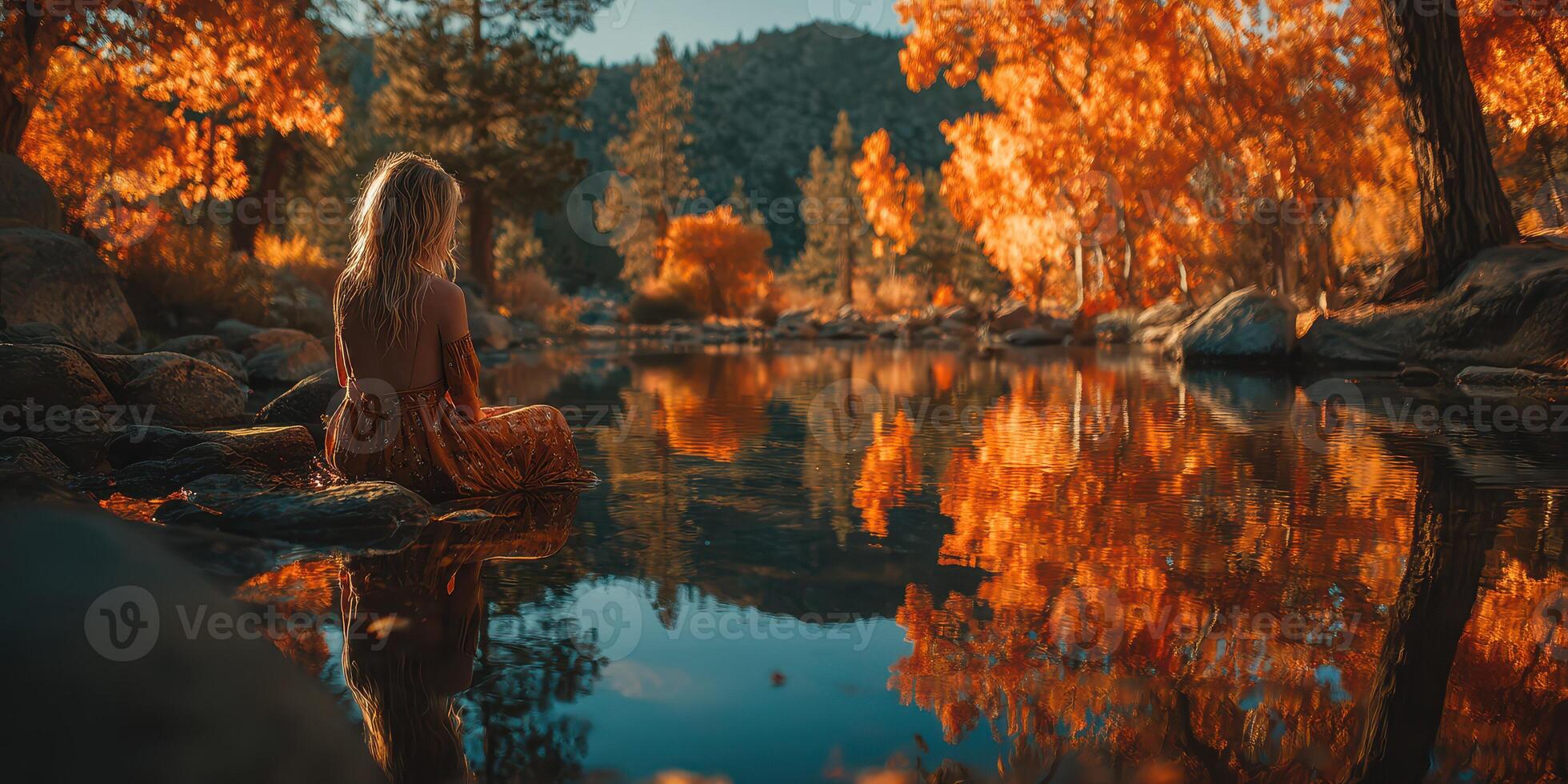 Woman enjoys tranquil reflection by a serene river surrounded by autumn trees in a peaceful landscape photo