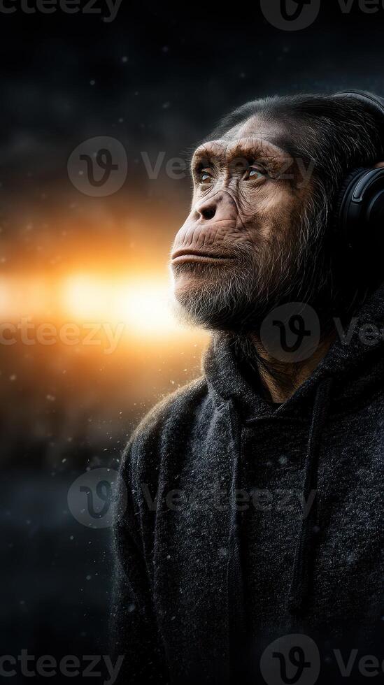 Portrait of a monkey wearing headphones, contemplating music during a creative moment at dusk photo