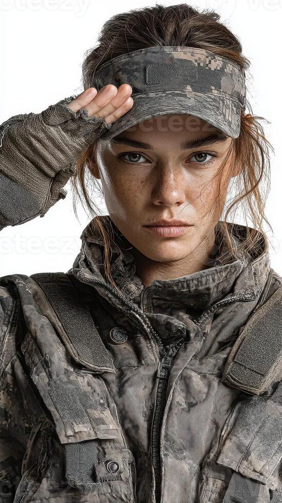Female soldier saluting with determination and strength in military uniform against a neutral background photo