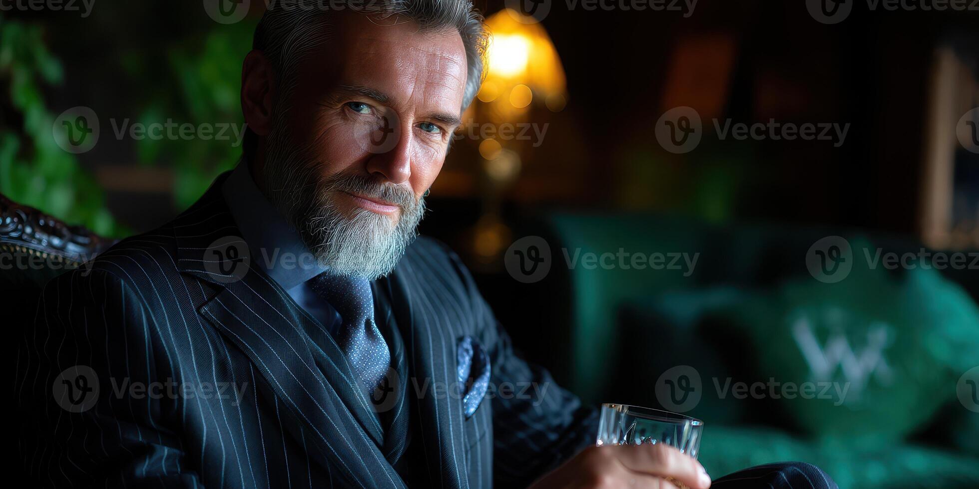 Suit-clad gentleman enjoying a drink in a luxurious lounge setting during the evening photo