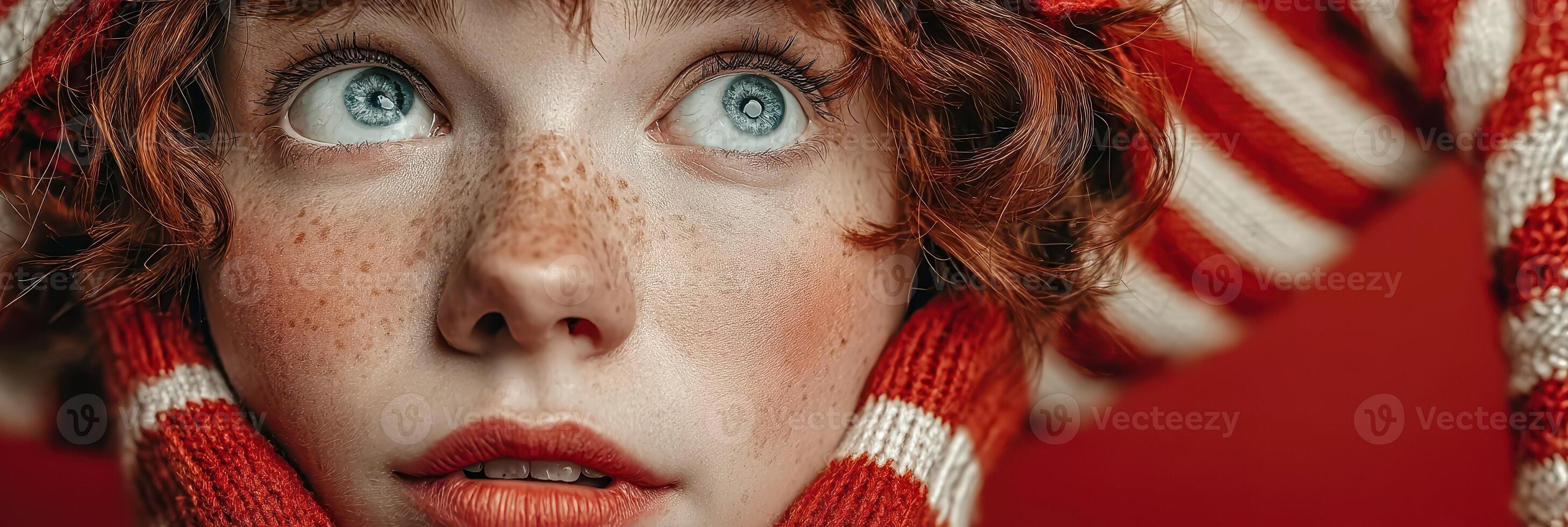 Young child with curly hair and freckles gazing curiously while wearing a striped hat and gloves in a warm, festive environment photo