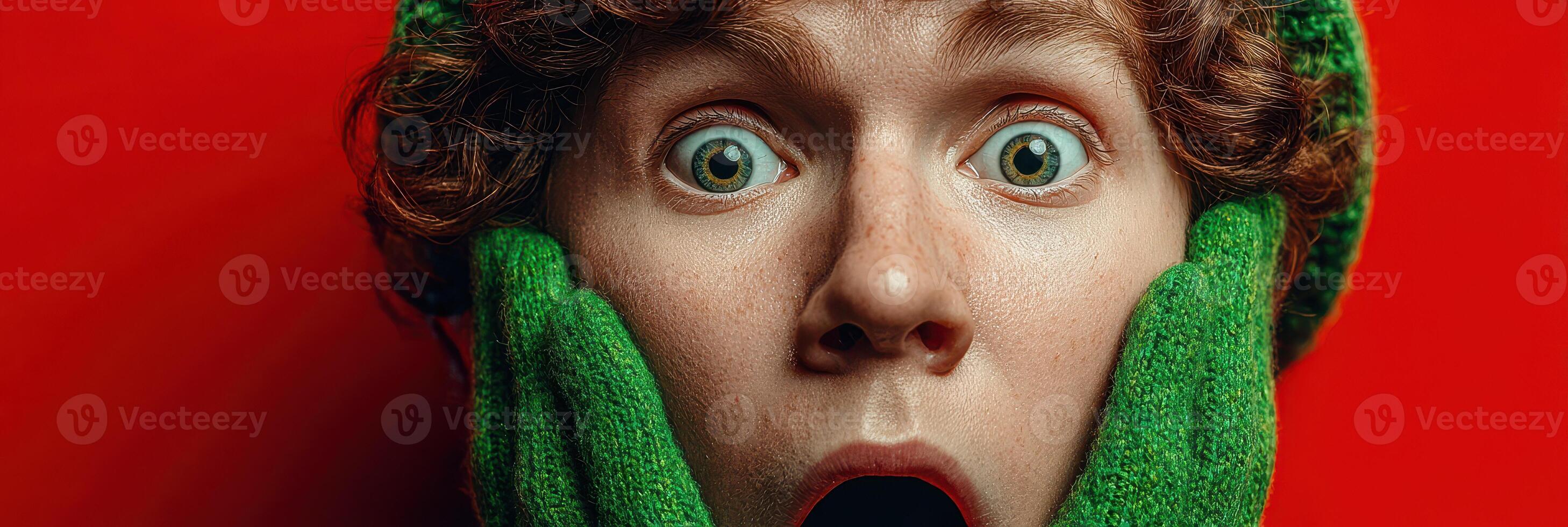 Young person expressing surprise with wide eyes and mouth open, wearing a green sweater and gloves against a red background photo