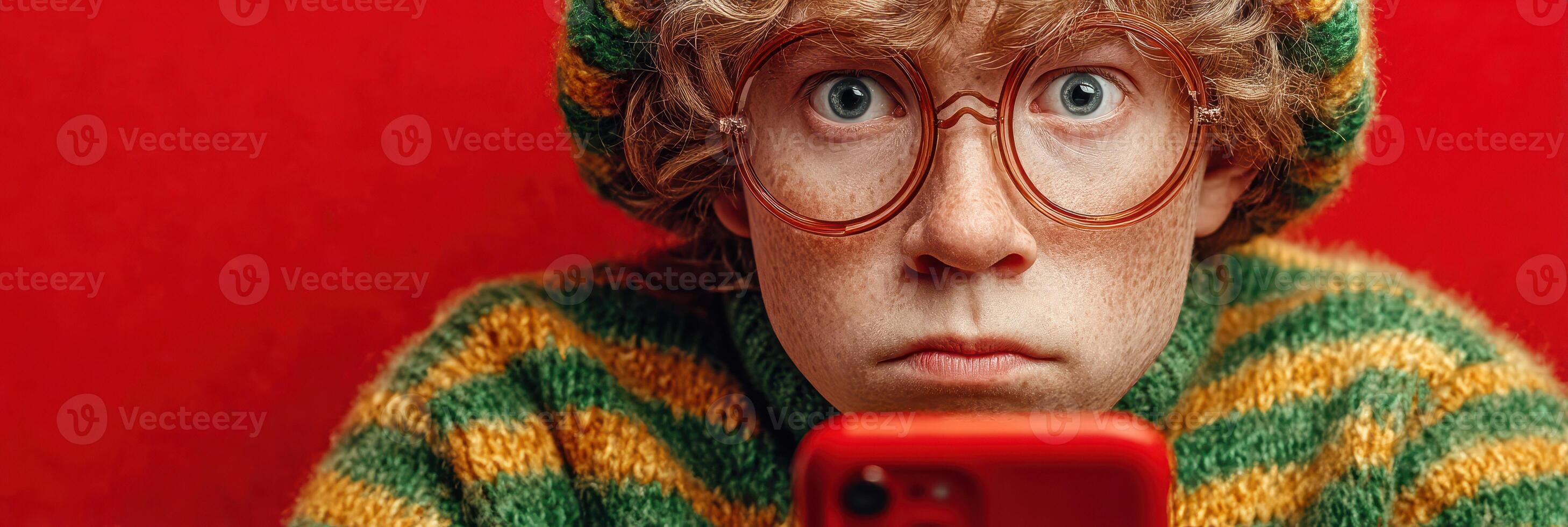 Child with curly hair in striped sweater intensely focusing on smartphone against a bright red background photo