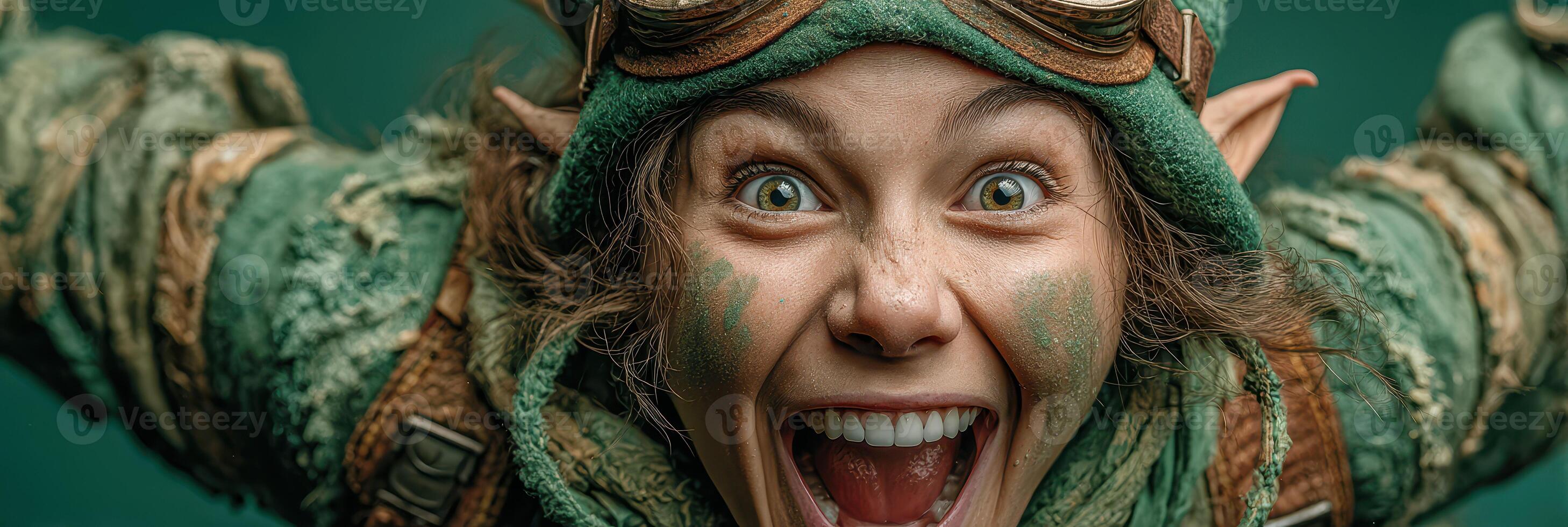 Joyful elf in vibrant costume celebrates fantasy festival with vivid expression and playful attitude photo