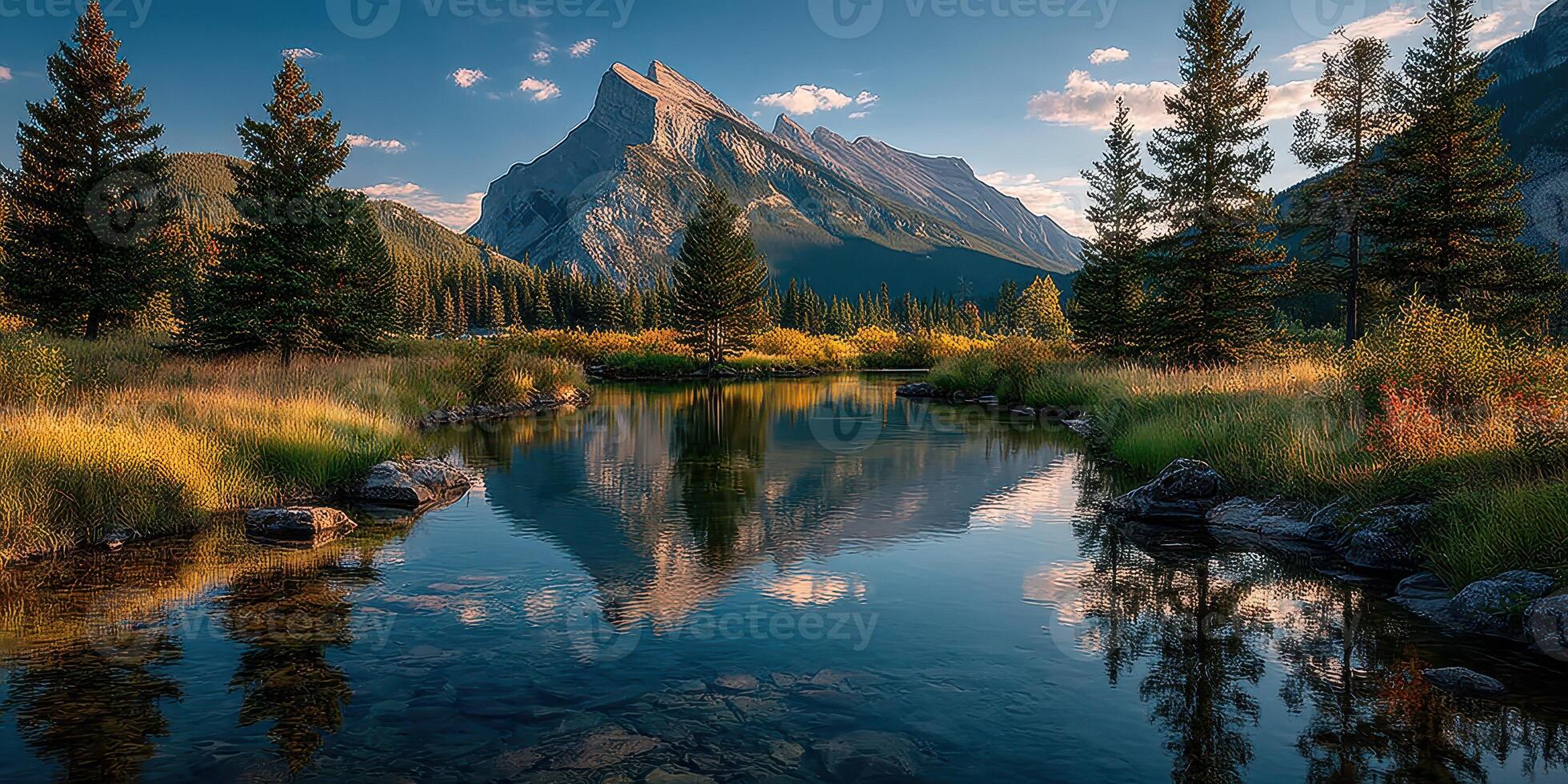 Stunning reflection of mountains and trees in a serene lake during golden hour at a national park photo