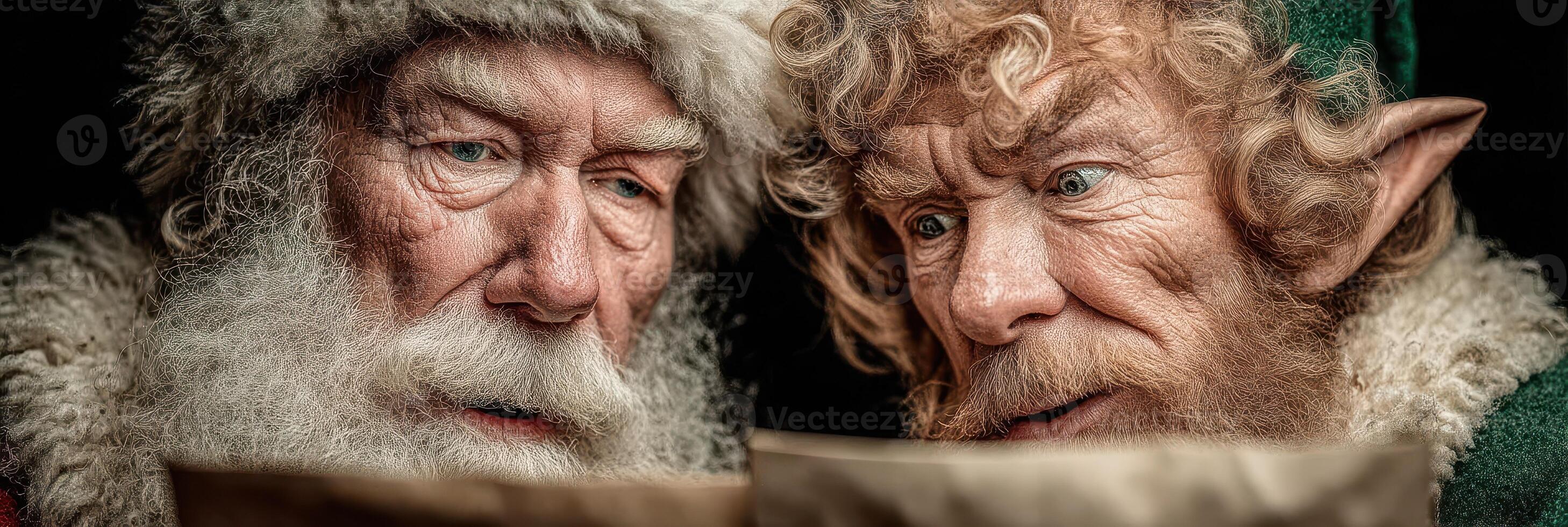 Two characters examine a list in an enchanted workshop during the holiday season photo