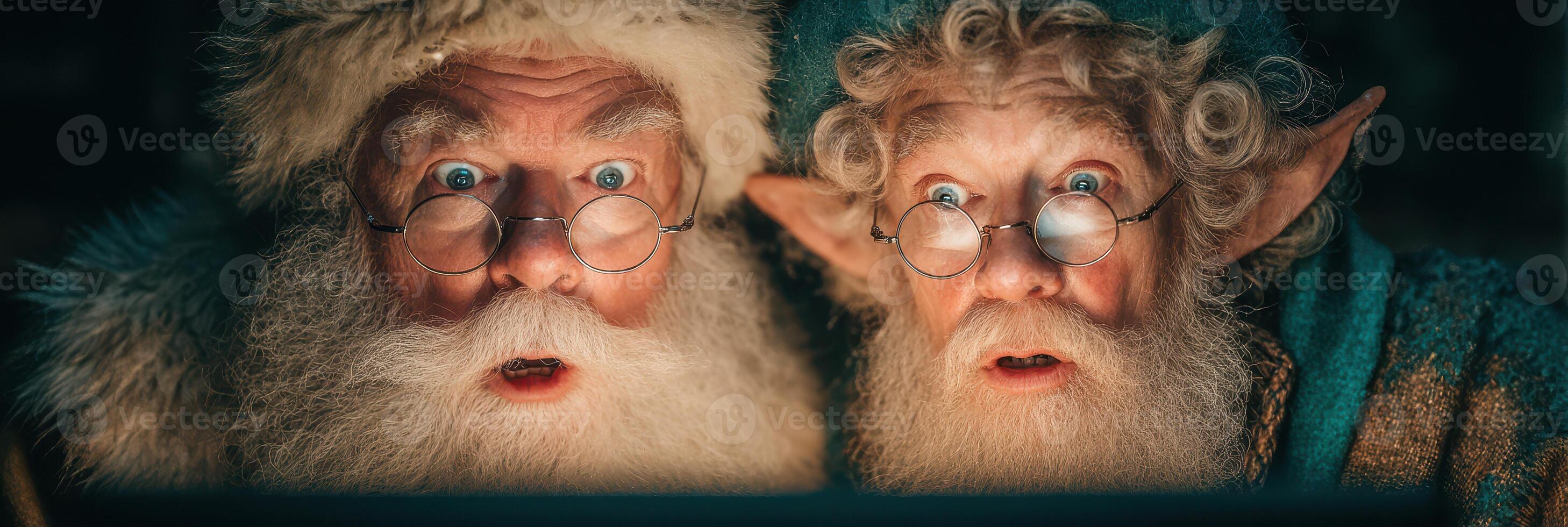 Surprised santa and elf watching a magical event during the holiday season photo