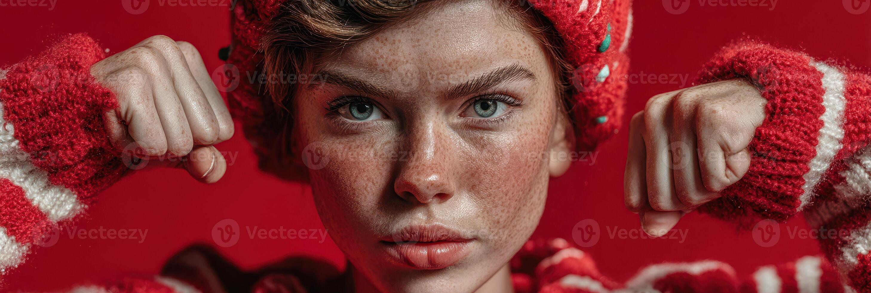 Young person with freckles poses confidently in warm knitwear against a red background, showcasing strength and determination photo