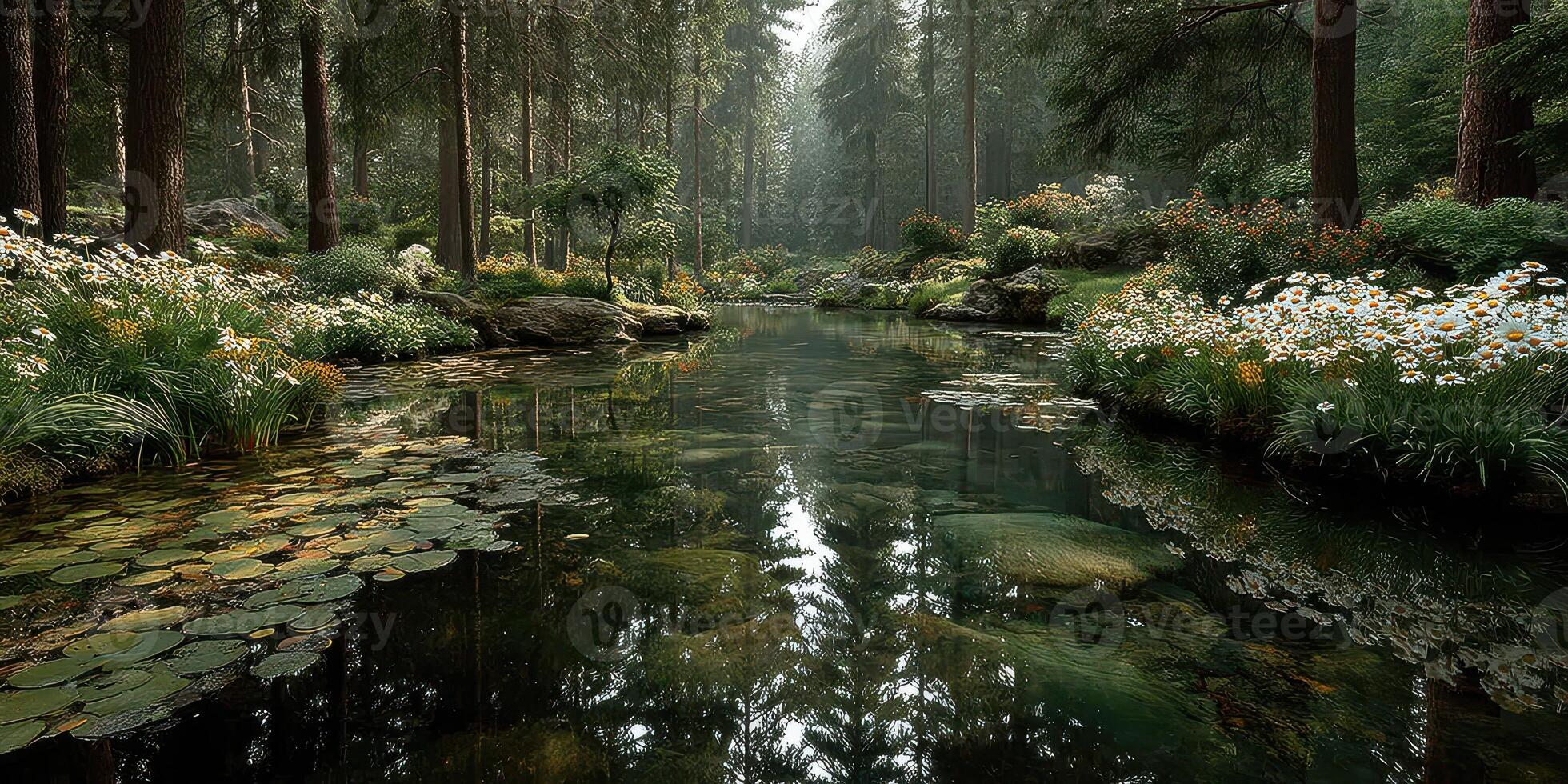 Tranquil forest landscape with a serene pond reflecting greenery and flowers during a misty morning photo
