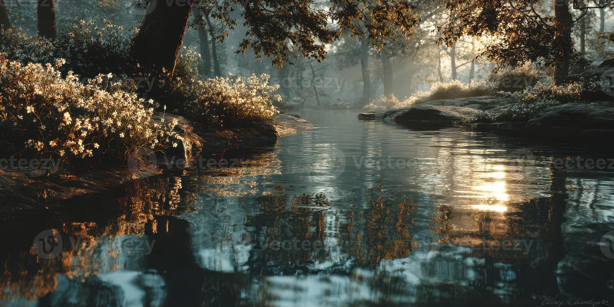 Serene riverbank at dawn with soft sunlight reflecting on calm water and blooming flowers in a tranquil forest setting photo