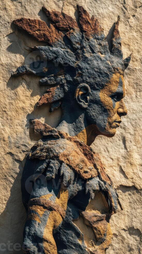 Sculpture of a man with intricate feathers and textured details displayed against a natural rock wall in morning sunlight photo