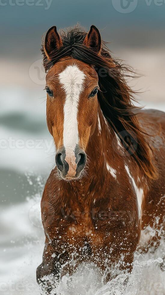 Horse galloping through ocean waves on a beach during sunset, showcasing its strength and beauty in motion photo