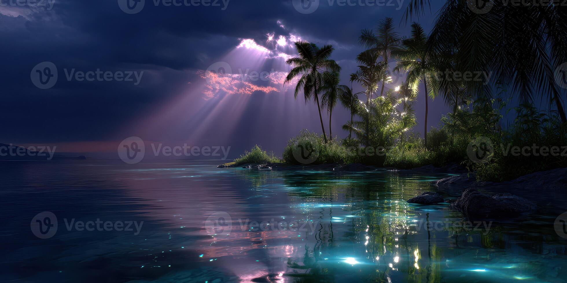 Stunning tropical landscape at dusk with illuminated water and palm trees under dramatic clouds photo