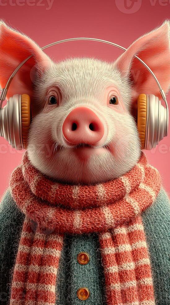 Cute pig wearing headphones and a scarf enjoys music in a playful setting during bright daylight photo