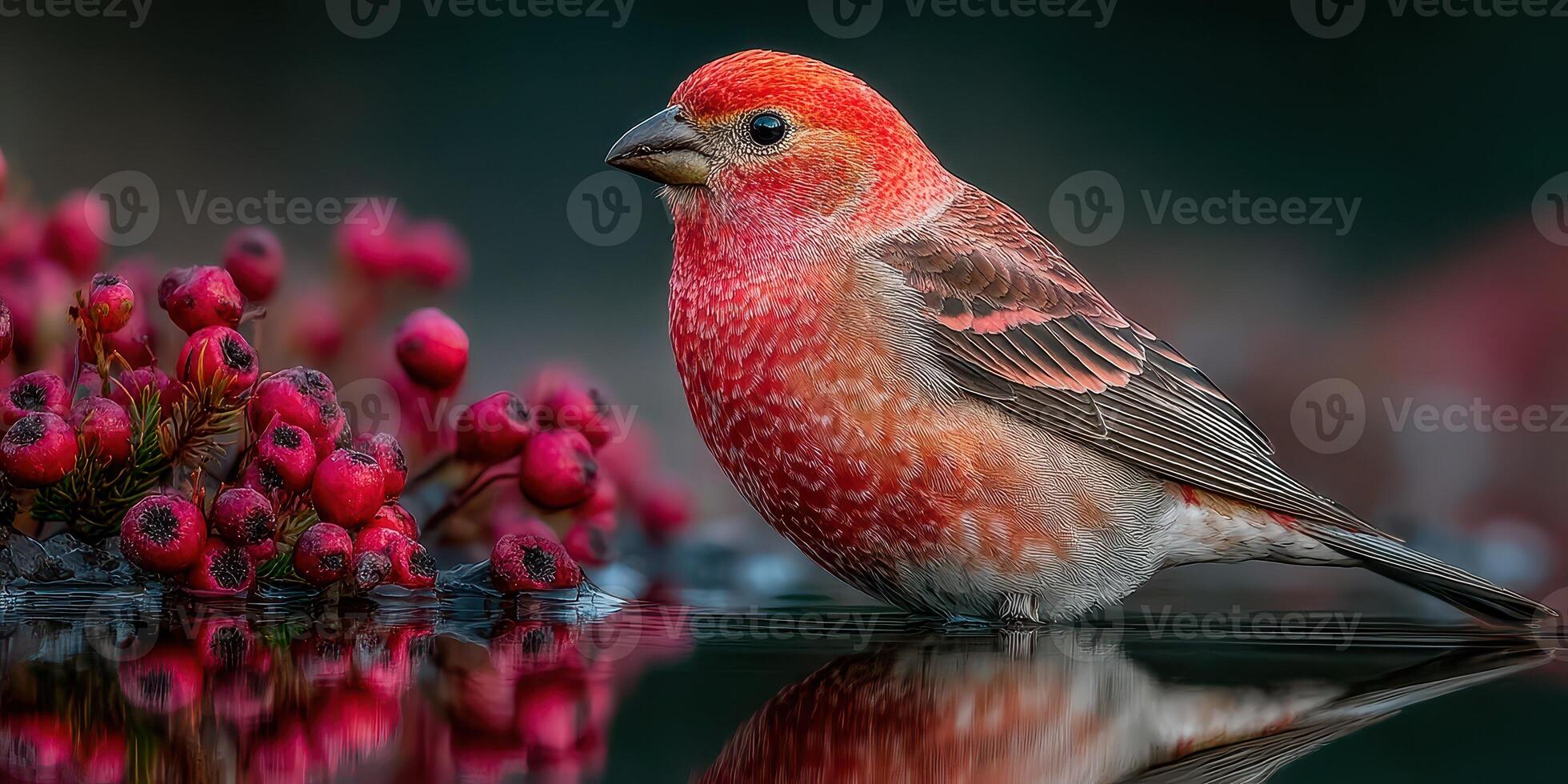 Vibrant bird rests near red berries at a tranquil water's edge in early morning light photo