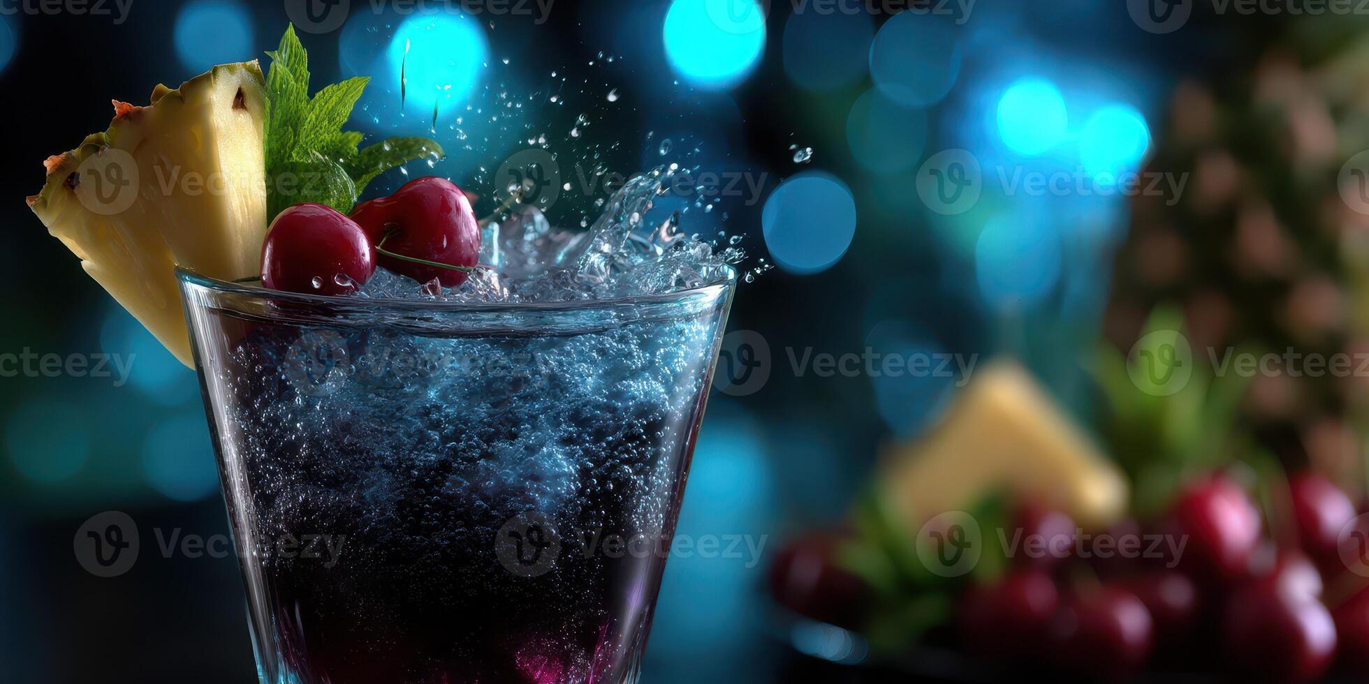 Refreshing cocktail with ice splashes, cherries, and pineapple garnish served in a vibrant bar atmosphere at night photo