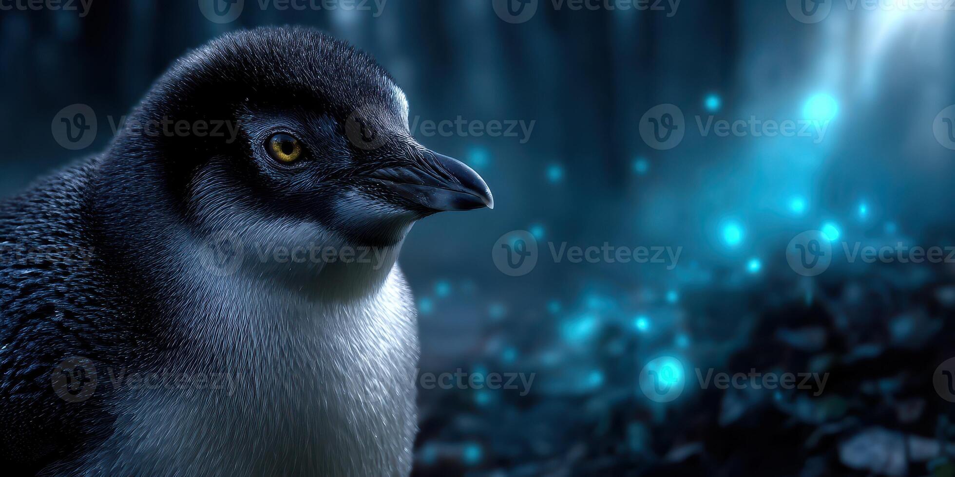 Close-up view of a penguin with luminous background in a winter landscape during twilight hours photo